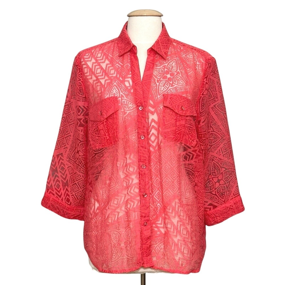 Chicos Womens Top 2 L Coral Punch Tiled Burnout Sheer Button Up Beachy Cruise